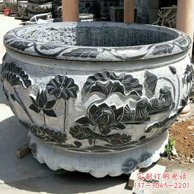 长春极致精细仿古圆形鱼缸石雕