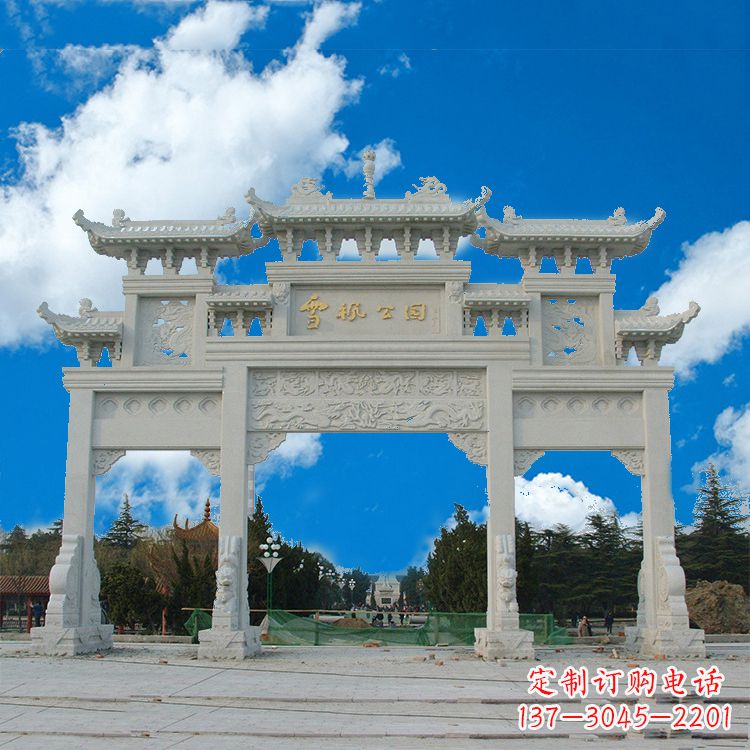 长春传承历史的精美汉白玉三门牌楼雕塑