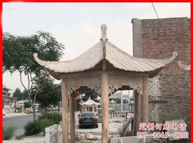 长春公园晚霞红六角石凉亭雕塑