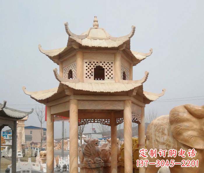 长春红双层六角石凉亭雕塑