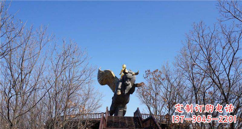 长春精美铜雕雕塑——可爱小男孩站在飞牛上