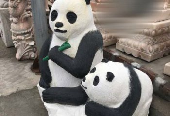 长春领雕塑——公园母子熊猫石雕