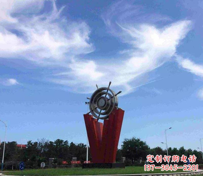 长春海上风情,精致大气的不锈钢船舵雕塑