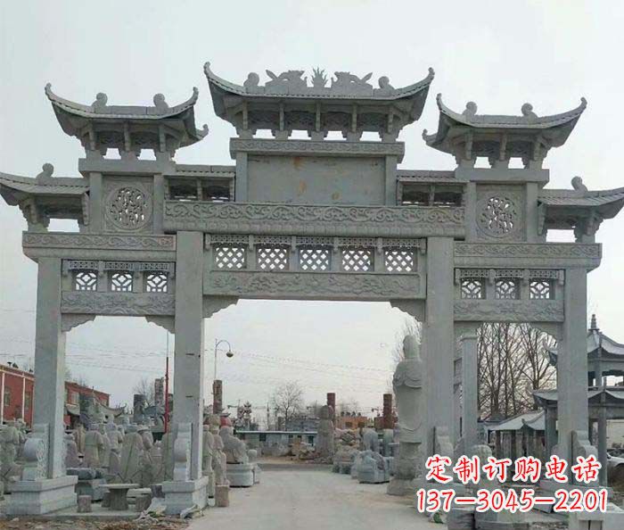 长春三门牌坊石雕,精美汉风石雕装饰景区