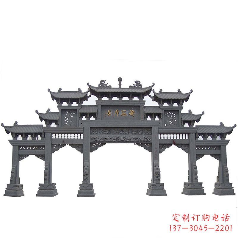 长春青石仿古五门石雕牌楼