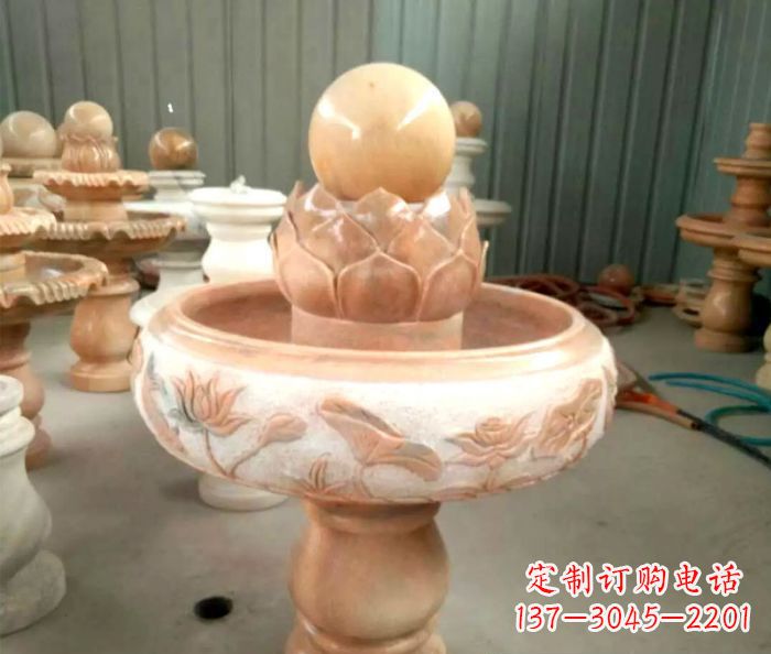 长春石来运转晚霞红风水球喷泉石雕