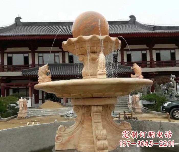长春双层风水球喷泉晚霞红石雕