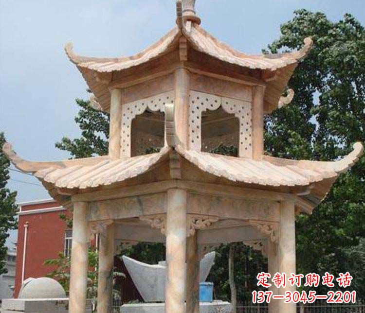 长春双层晚霞红凉亭石雕