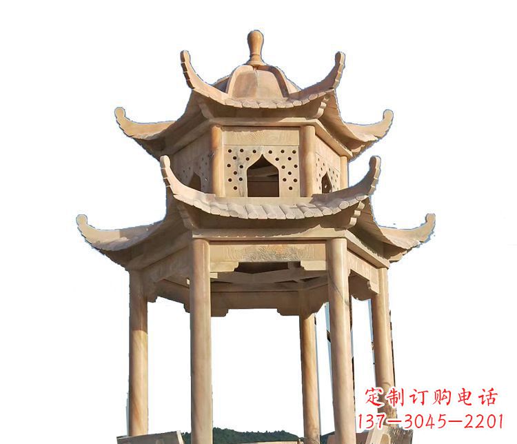 长春双层晚霞红凉亭石雕 (2)