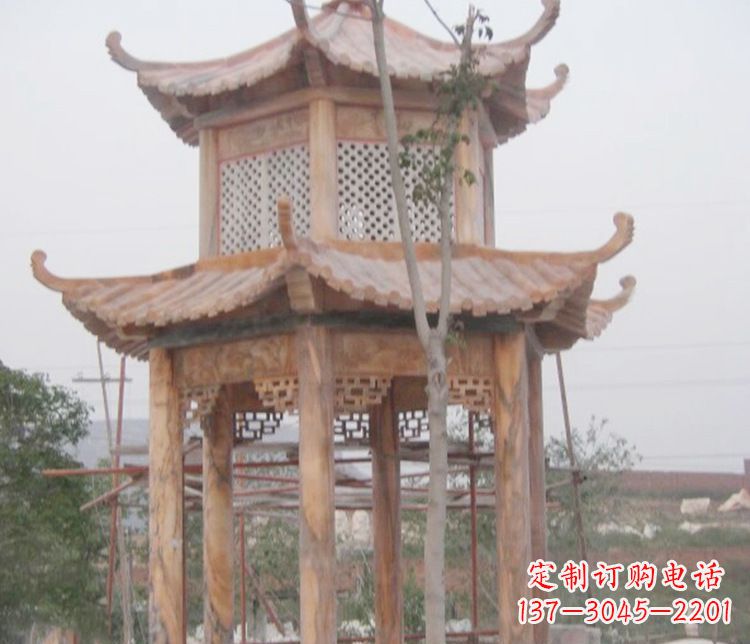 长春双层晚霞红石凉亭石雕 (2)