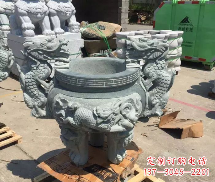 长春寺庙景观青石龙头香炉石雕 (2)
