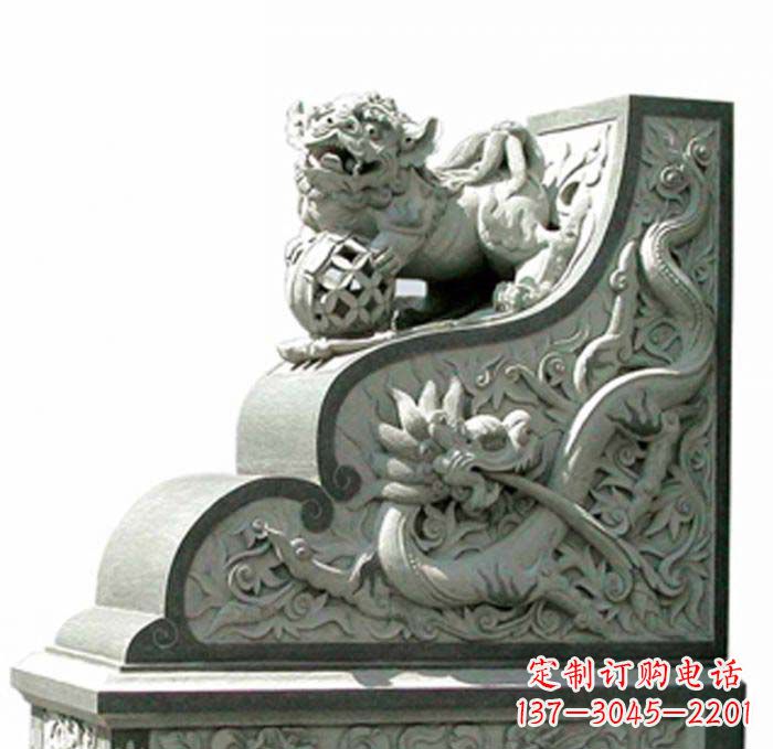 长春寺庙景观玩绣球狮子石雕门墩