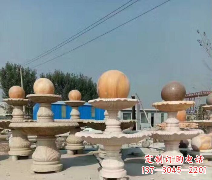长春晚霞红多层风水球喷泉石雕