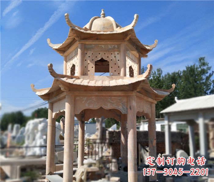 长春晚霞红公园双层六角凉亭石雕