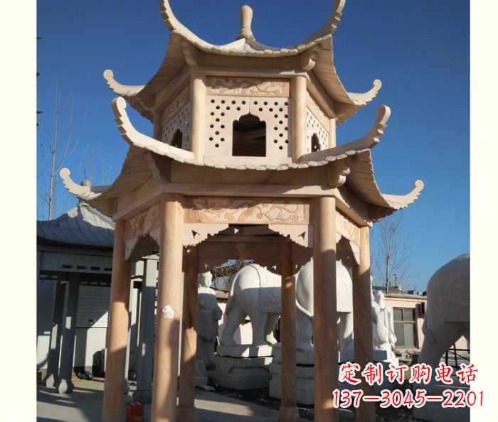 长春晚霞红公园双层六角凉亭石雕 (2)