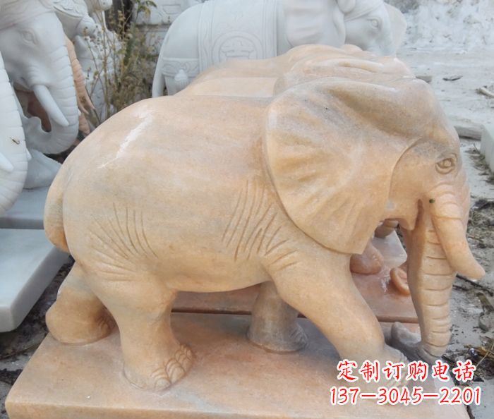 长春晚霞红吉祥如意大象石雕 (3)