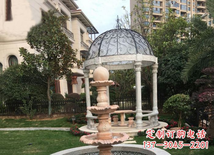 长春晚霞红三层风水球喷泉小区石雕