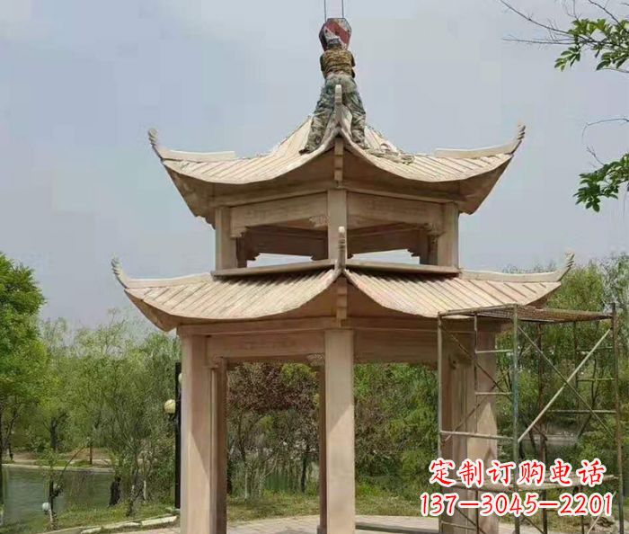 长春晚霞红双层凉亭石雕 (2)