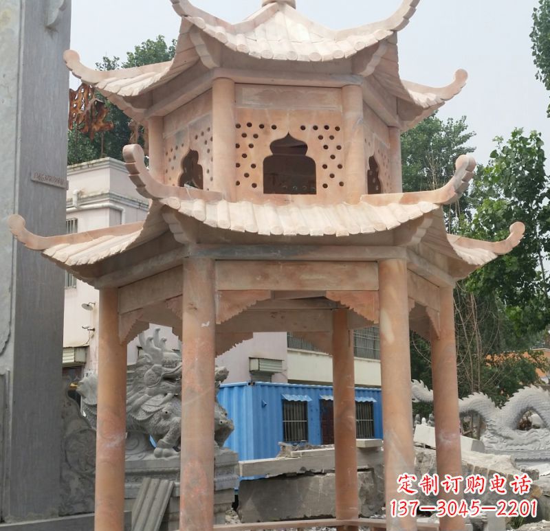 长春晚霞红双层六角凉亭石雕 (2)