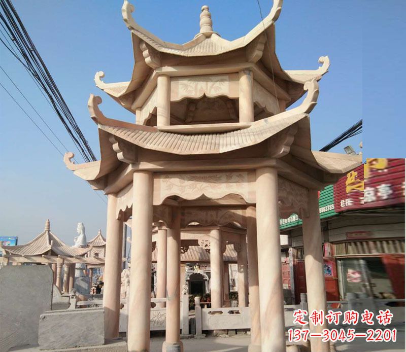 长春晚霞红双层六角凉亭石雕 (3)