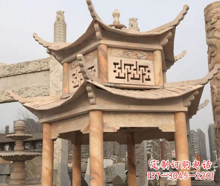 长春晚霞红双层石雕凉亭