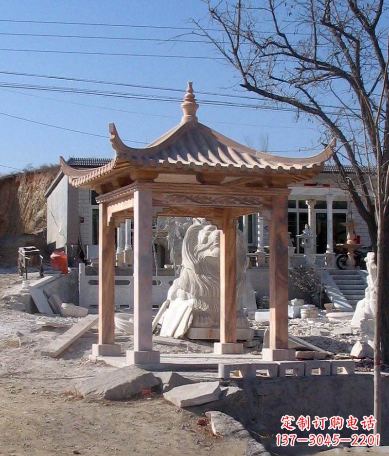 长春晚霞红四角凉亭景观石雕