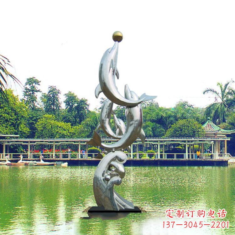 长春戏球不锈钢海豚雕塑-园林水景动物景观