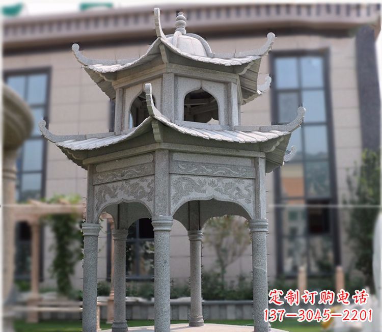 长春小区大理石六角石雕双层凉亭