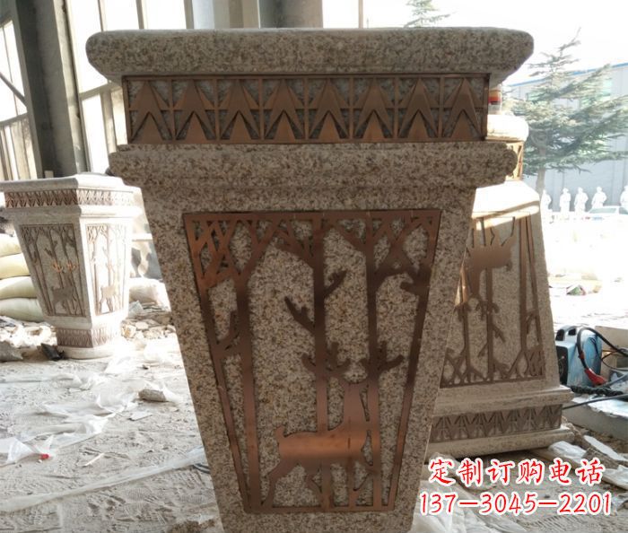 长春小区大理石梅花鹿石浮雕花盆