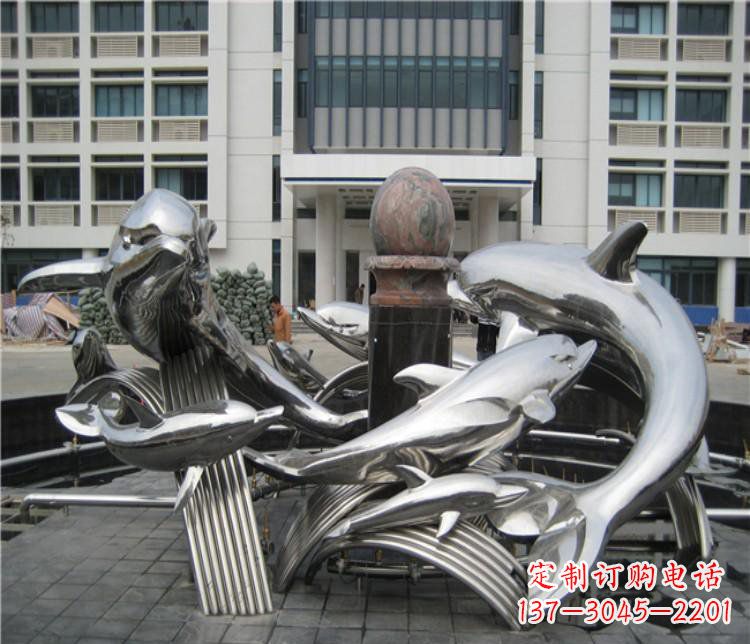 长春校园不锈钢海豚海浪雕塑