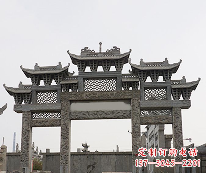长春园林仿古三门牌坊石雕 (4)