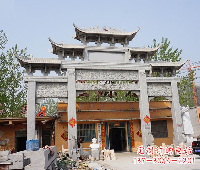 长春园林仿古三门牌坊石雕 (5)