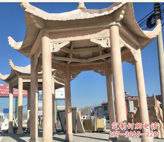 长春园林景观晚霞红六角石雕凉亭 (2)