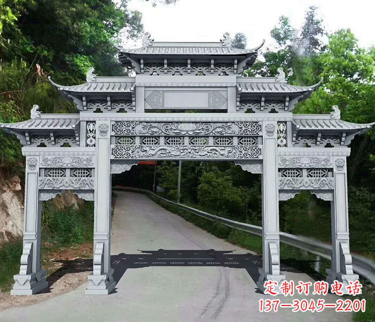 长春园林三门石牌坊景观石雕