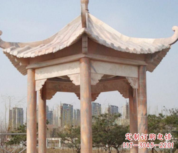 长春园林晚霞红六角石凉亭景观石雕