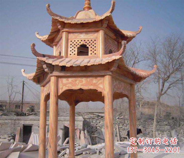 长春园林晚霞红石凉亭景观石雕