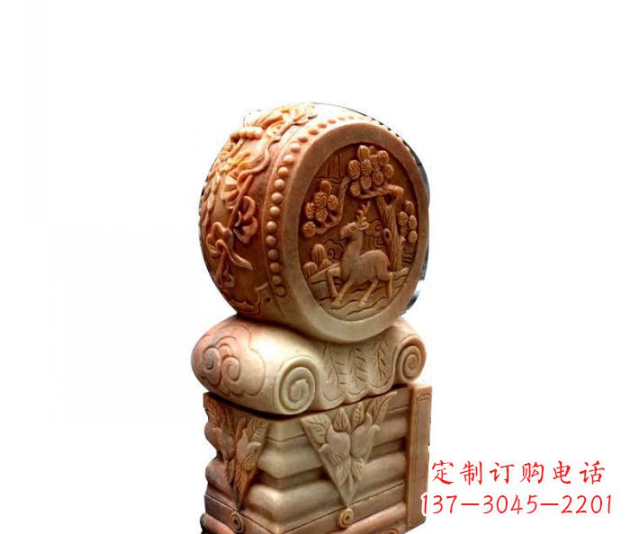长春招财石门墩晚霞红抱鼓石